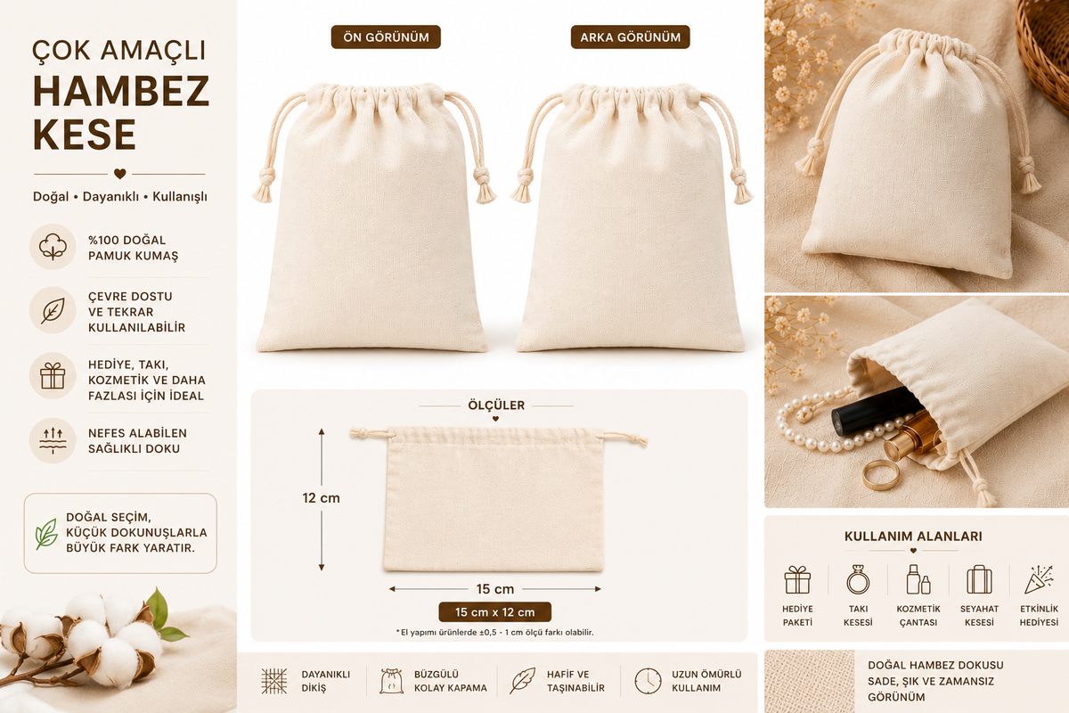 10 Adet Doğal Hambez Kese Çok Amaçlı Bez Torba İpli Büzgülü Organik Bez Kese 15cmx12cm